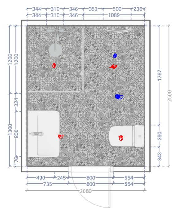 Badrumslayout med måttangivelser, föreslagna positioner för spottar markerade med röda och blå punkter.