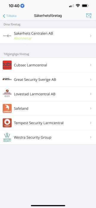 Skärmdump från en app som visar en lista över säkerhetsföretag och larmcentraler.