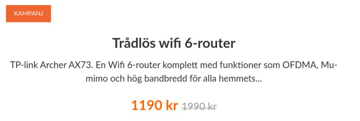 Reklambild för TP-link Archer AX73, en trådlös WiFi 6-router, med kampanjpris.