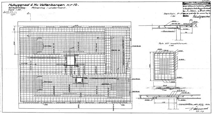 Gammal teknisk ritning av en byggnad daterad 1935, med mått och detaljer.