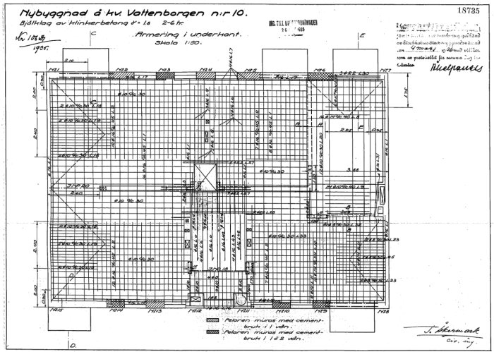 Ritning från 1935 för en byggnad på Vattenborgen nr 10 med detaljerade mått och anmärkningar.