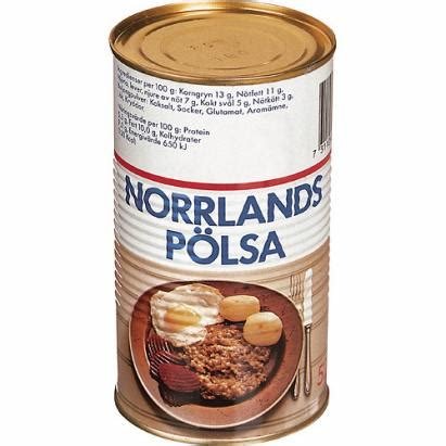 Konservburk av "Norrlands Pölsa" med bild av serveringsförslag innehållande kött och potatis.