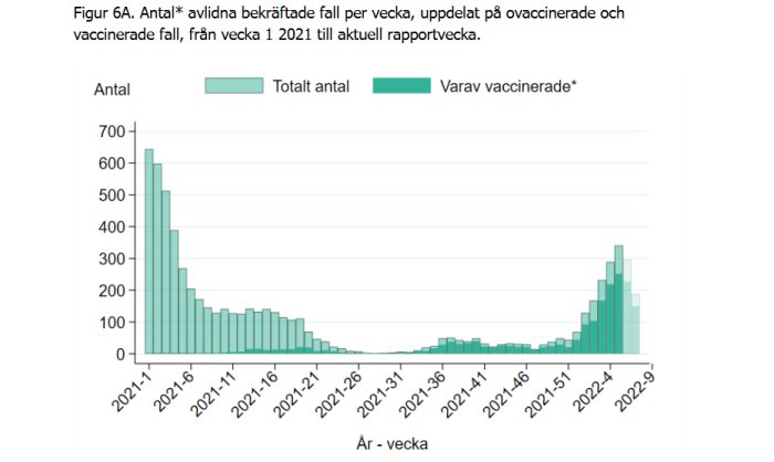 Histogram som visar antal avlidna bekräftade covid-19 fall per vecka uppdelat på ovaccinerade och vaccinerade.