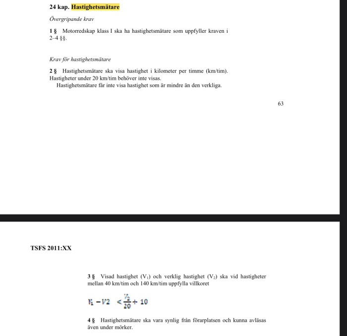 Dokumentbild med text om lagkrav för hastighetsmätare och beräkningsformel för felmarginal.