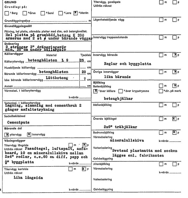 Skärmbild av ett tekniskt dokument med specifikationer för byggnadskomponenter, inklusive bärande och icke bärande väggar.