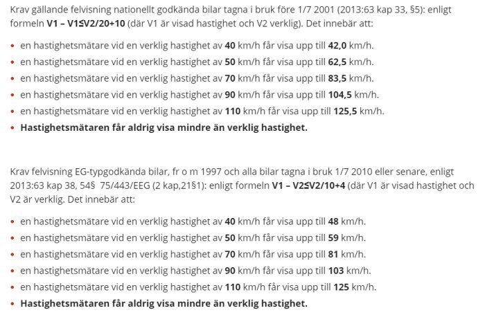 Textdokument som visar krav på hastighetsmätare för bilar med formeln för tillåten felvisning.