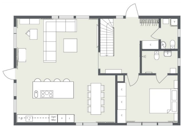 Arkitektritning av ett hem med öppen planlösning, inkluderar kök, vardagsrum, sovrum och lekhörna.