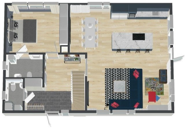 3D-planritning av en öppen planlösning med kök som sovrum, lekhörna bakom soffa och stor dörröppning under trappa.