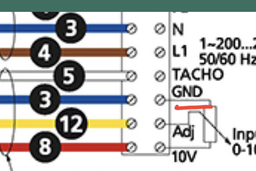 Schamematisk illustration av elektriska ledningar med numrerade anslutningar och färgkodning.