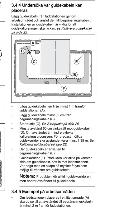 Illustration av installationsanvisningar för guidekabel med markeringar A till F och textinstruktioner.