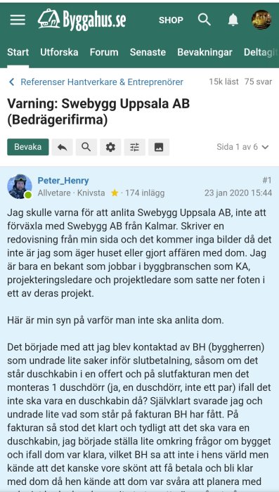 Skärmdump från forumtråd varnande för byggfirma med titeln "Varning: Swebygg Uppsala AB (Bedrägerifirma)".