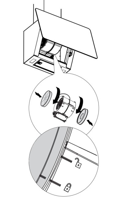 Illustration av isärmontering av köksfläkt och dess motor för rengöring.