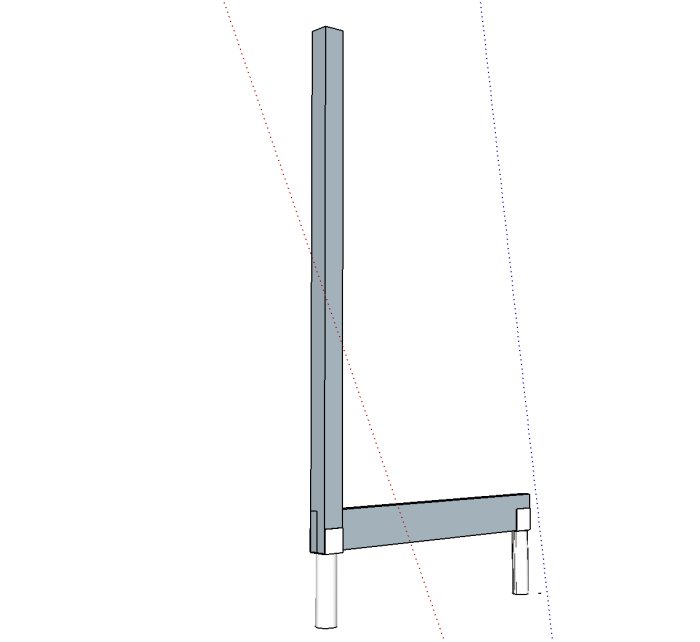 3D-ritning av en konstruktion med markstolpe och horisontell regel monterad en bit över marken.