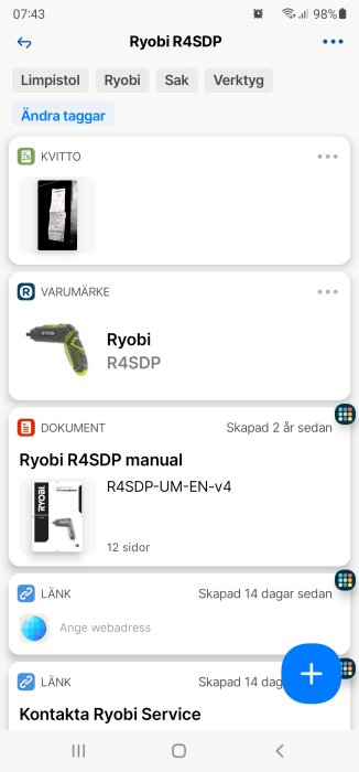 Skärmdump av appen Homer som visar en Ryobi limmpistol, dess kvitto, manual, och service-länk.