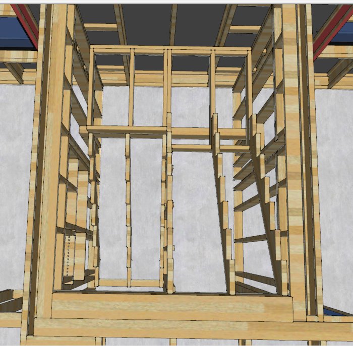 3D-ritning av en U-formad trätrappstomme med vilplan i en byggnadskonstruktion.