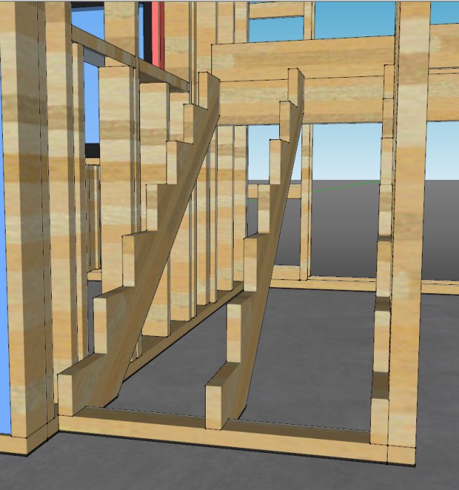 3D-modell av en träkonstruktion för en U-trapp med vilplan, sedd snett ovanifrån.