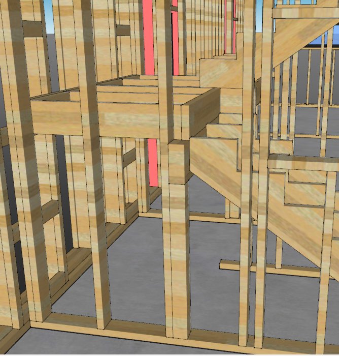 Digital 3D-modell av ett oavslutat U-format trapphus med vilplan och synliga reglar.