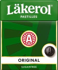 Förpackning av Läkerol Original sockerfria pastiller med logotyp och en bild av en pastill.