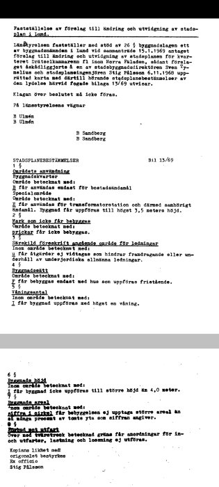 Sida ur en detaljplan med olika byggföreskrifter, typskrivet dokument från 1969 relaterat till byggnormer och markanvändning.