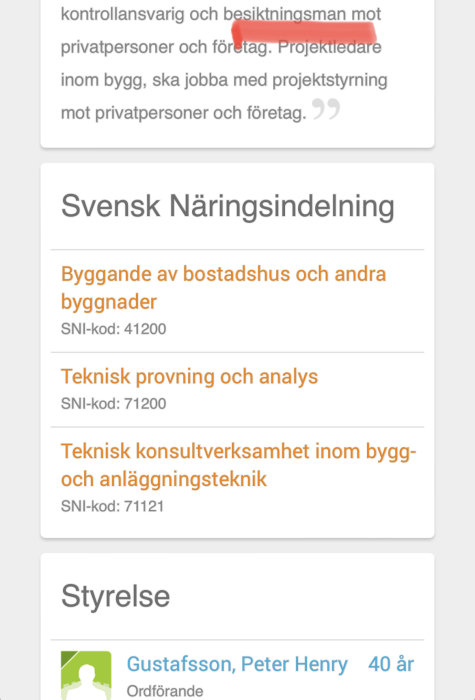 Skärmdump av ett diskussionsforum som visar text om byggprojekt och näringens indelning.