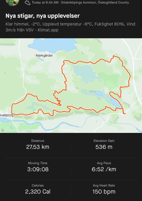 Kartöversikt över vandringsled med röd markering, statistik: 27.53 km, höjdökning 536 m, tid 3:09 tim, kalorier 2,320.