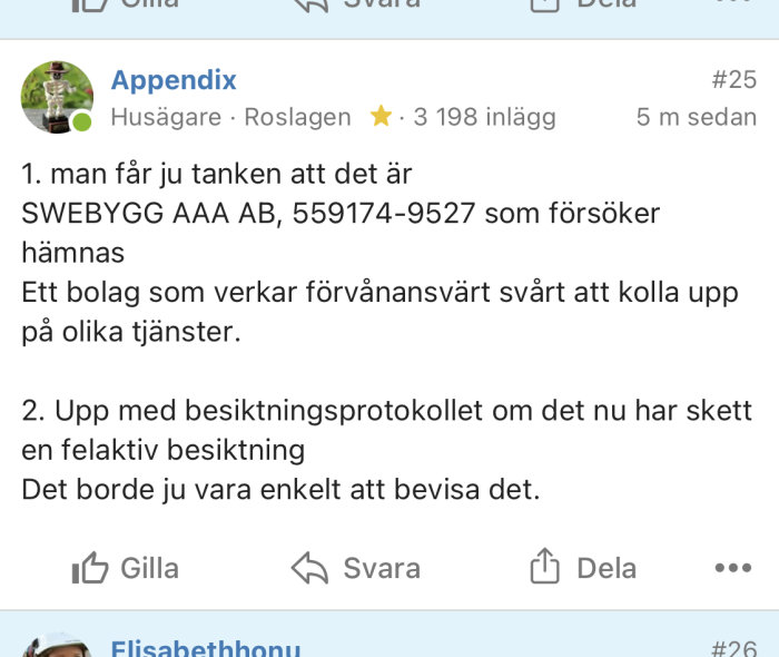 Skärmdump av ett foruminlägg med misstankar om ett företag och uppmaning att dela besiktningsprotokoll.