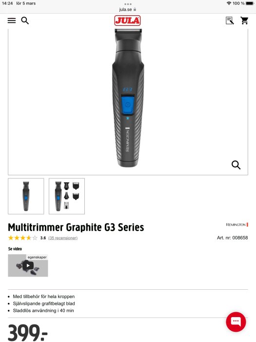 Remington Multitrimmer Graphite G3 Series på en produktssida, pris 399 SEK, med tillbehör och produktbeskrivning.