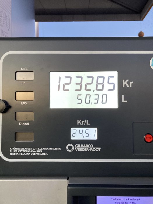 En bensinpumpsdisplay som visar pris 1232,85 kr för 50,30 liter, pris per liter 24,51 kr.