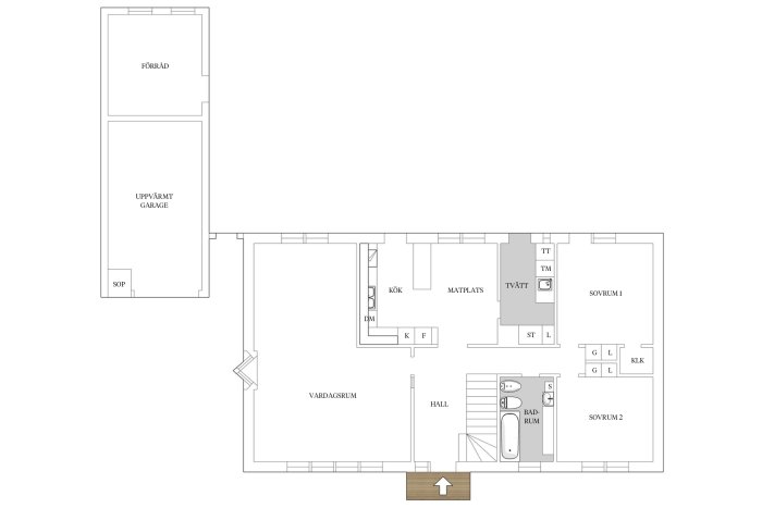 Planritning av ett 70-talshus med kök, matplats, vardagsrum, sovrum, badrum och tvättstuga.