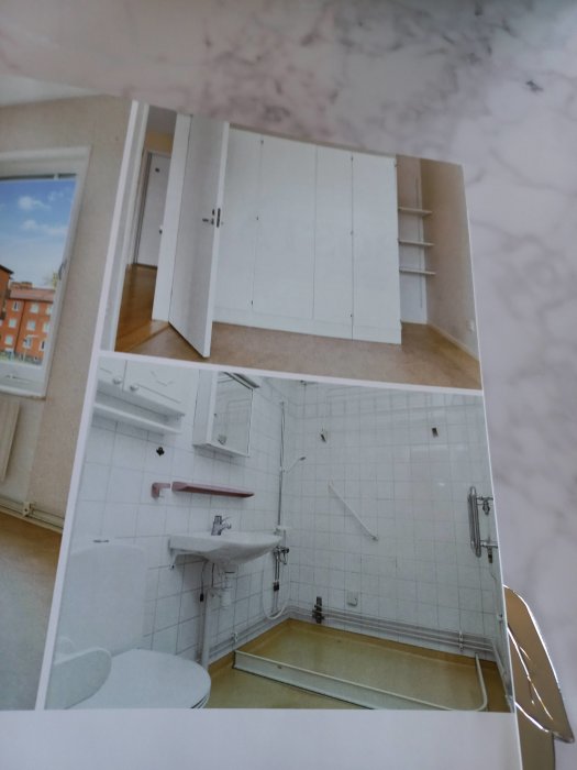 Kollage av två bilder som visar delar av en lägenhet: ett rum med parkettgolv och garderober samt ett kaklat badrum före renovering.