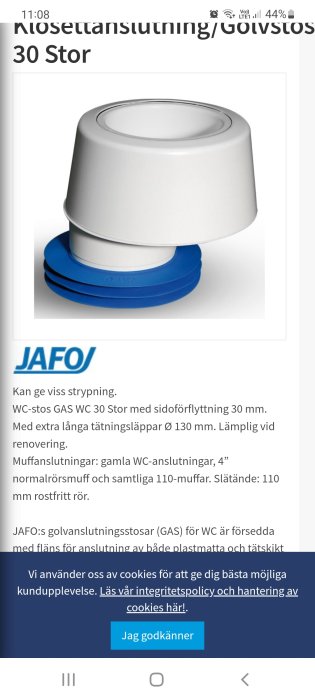 Excenter för toaavlopp, blå och vit, med texten "JAFO" och produktinformation undertill.