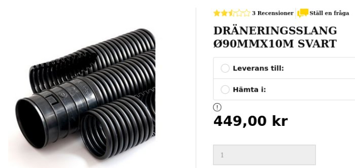 Svarträffat, perforerat dräneringsslang med en diameter på 90 mm, angett pris och produktrecensioner syns.