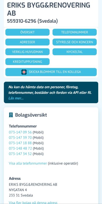 Skärmbild av företagsinformation för ERIKS BYGG&RENOVERING AB med telefonnummer och adress.