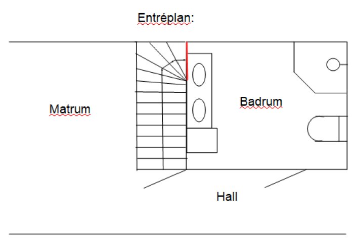 Planritning av entréplan med markerad röd linje där golvbjälke ska tas bort för takhöjd.