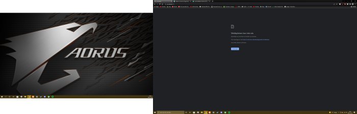 Datorskärm med Aorus bakgrund och öppen webbläsare som visar "Webbplatsen kan inte nås" felmeddelande.