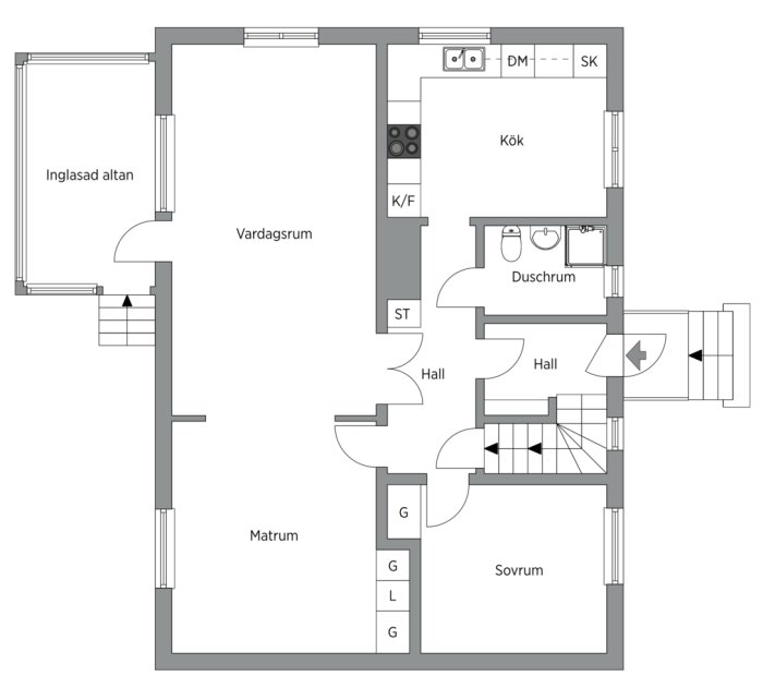 Grundplan av en lägenhet med markerade rum såsom vardagsrum, kök, sovrum och inglasad altan.