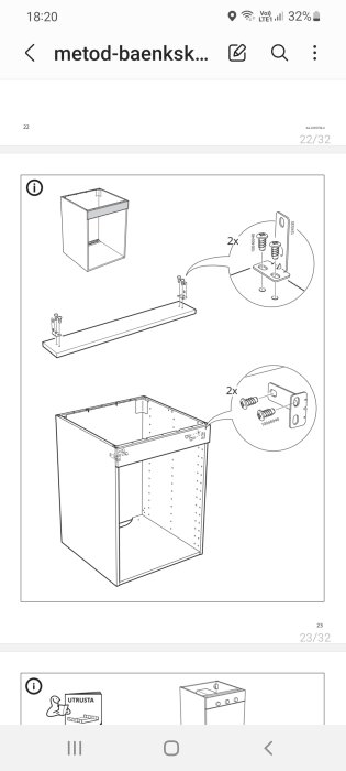 Illustration av monteringsanvisning för skåp med detaljvyer av fästbeslag och skruvar.