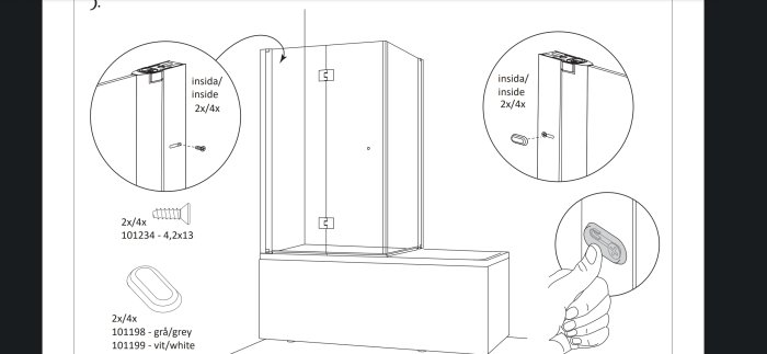 Illustration av monteringsinstruktioner för en möbeldel med skruvar och tryckknappsfästen.