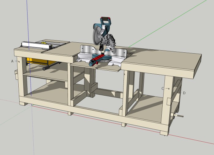 3D-modell av en verkstadsbänk med integrerade kap- och bordssågar samt modifierade ben och hjul.