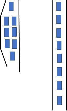 Åtta blåa bilar illustreras i två olika formationer, en dubbelradig och en enkel kö.