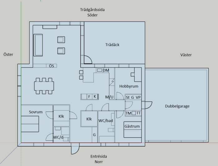 Ritning av ett enplanshus med tre sovrum, flera klädkammare, dubbelgarage och terrass.