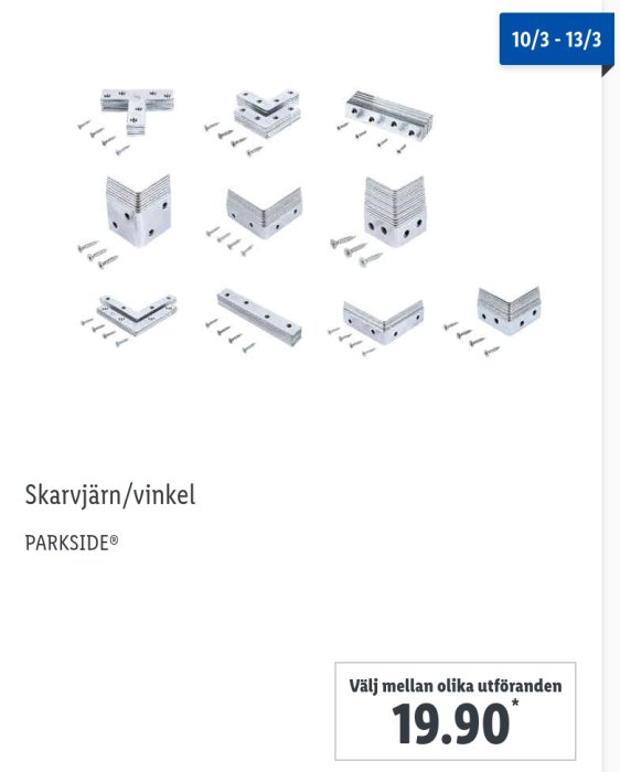 Olika typer av skarvjärn och vinklar från Parkside med priset 19.90.