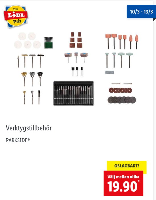 Utbud av Parkside verktygstillbehör med olika slip- och polerdelar på Lidl-reklamblad med erbjudande mellan 10/3 - 13/3.