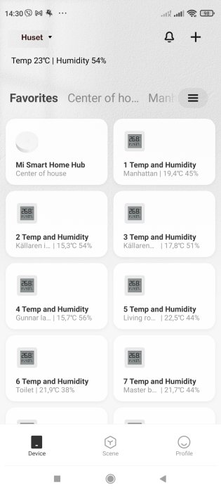 Appgränssnitt visar Xiaomi Mi Smart Home Hub och temperatur- & fuktighetssensorer i olika rum.