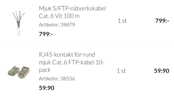 Bild på en vit Cat.6 S/FTP-nätverkskabel och RJ45-kontakter för kabeln, med priser och artikelnummer.