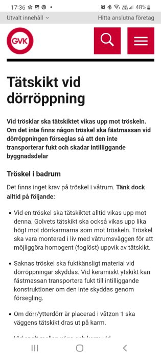 Skärmdump från forum med rubriken "Tätskikt vid dörröppning" och text om tätskikt vid trösklar.