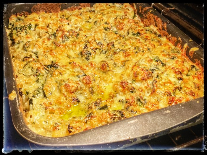 Gratin av grönkål och svamp med gyllenbrun ädelostsås i ugnsform, utan valnötter.