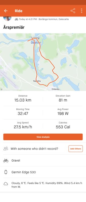 Skärmbild av en cykelturregistrering med karta, distans, och träningsdata på en app.