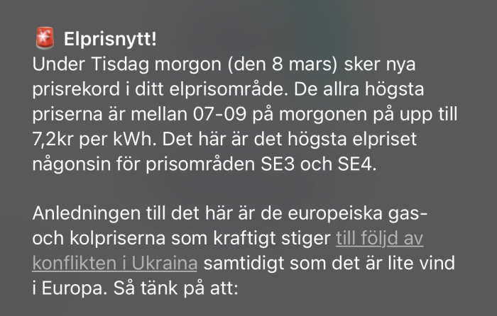 Skärmdump av textmeddelande om nya elprisrekord på grund av stigande gas- och kolpriser.
