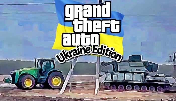 Illustration av styliserad traktor och militärt fordon med texten "Grand Theft Auto Ukraine Edition".